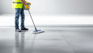 Een betonnen vloer met bescherming aan de randen.