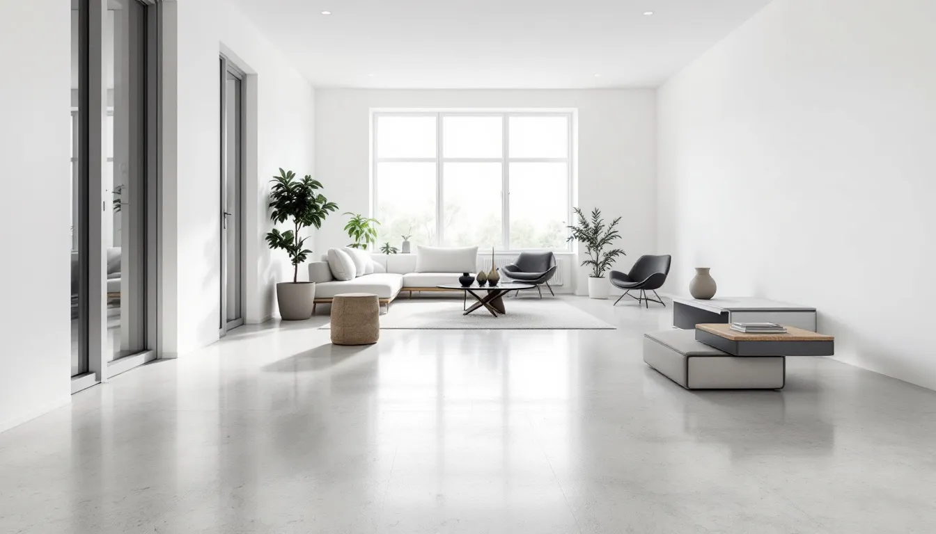 Een moderne betonvloer in een lichte ruimte, ideaal voor het vervangen van een houten vloer.